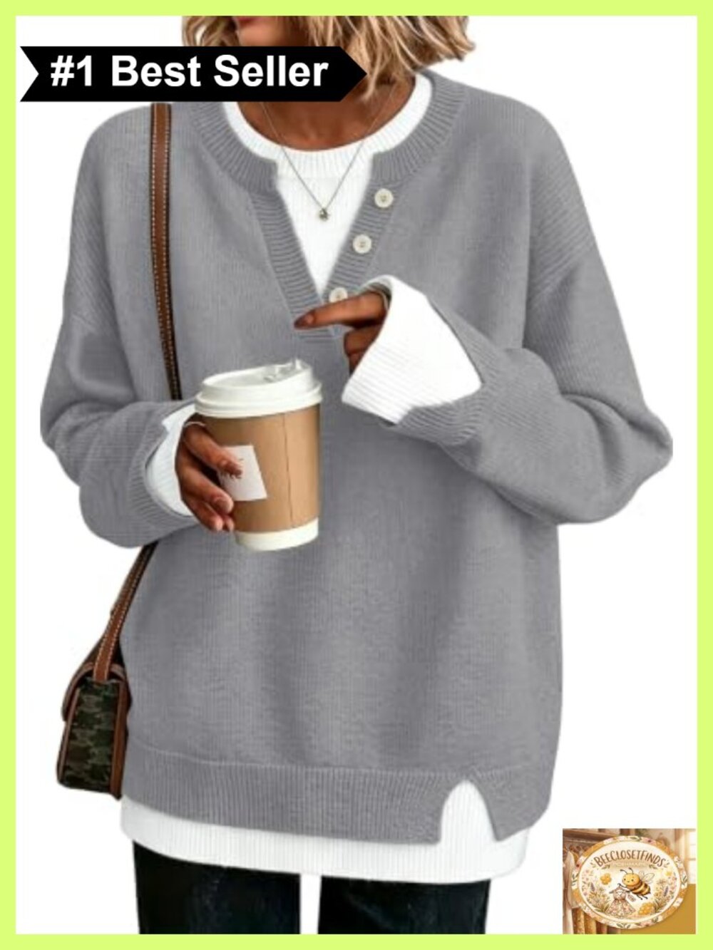Womens Henley Sweater Pullover V-Neck Button Loose Knit Work Top
